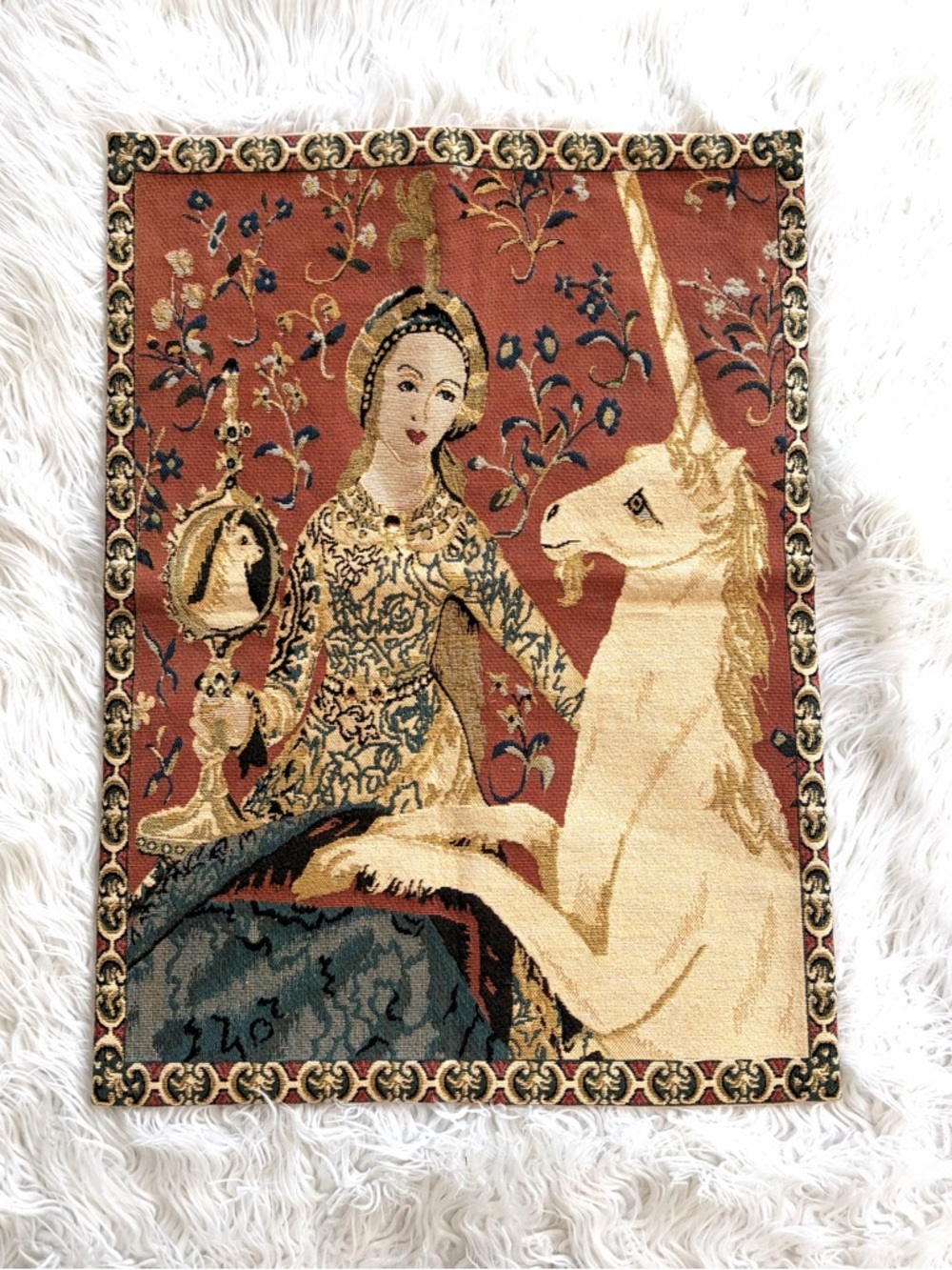Vintage Lady and Unicorn Belgian Hanging Woven Wall Tapestry 24”x18” Cotton